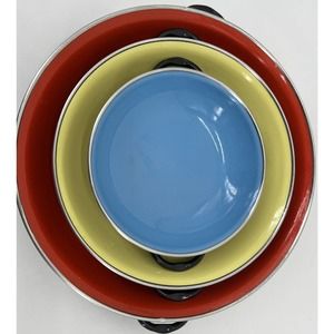 Vintage Enamel Coated Metal Skillets Double Handle Set Of 3 Colorful Decor Set